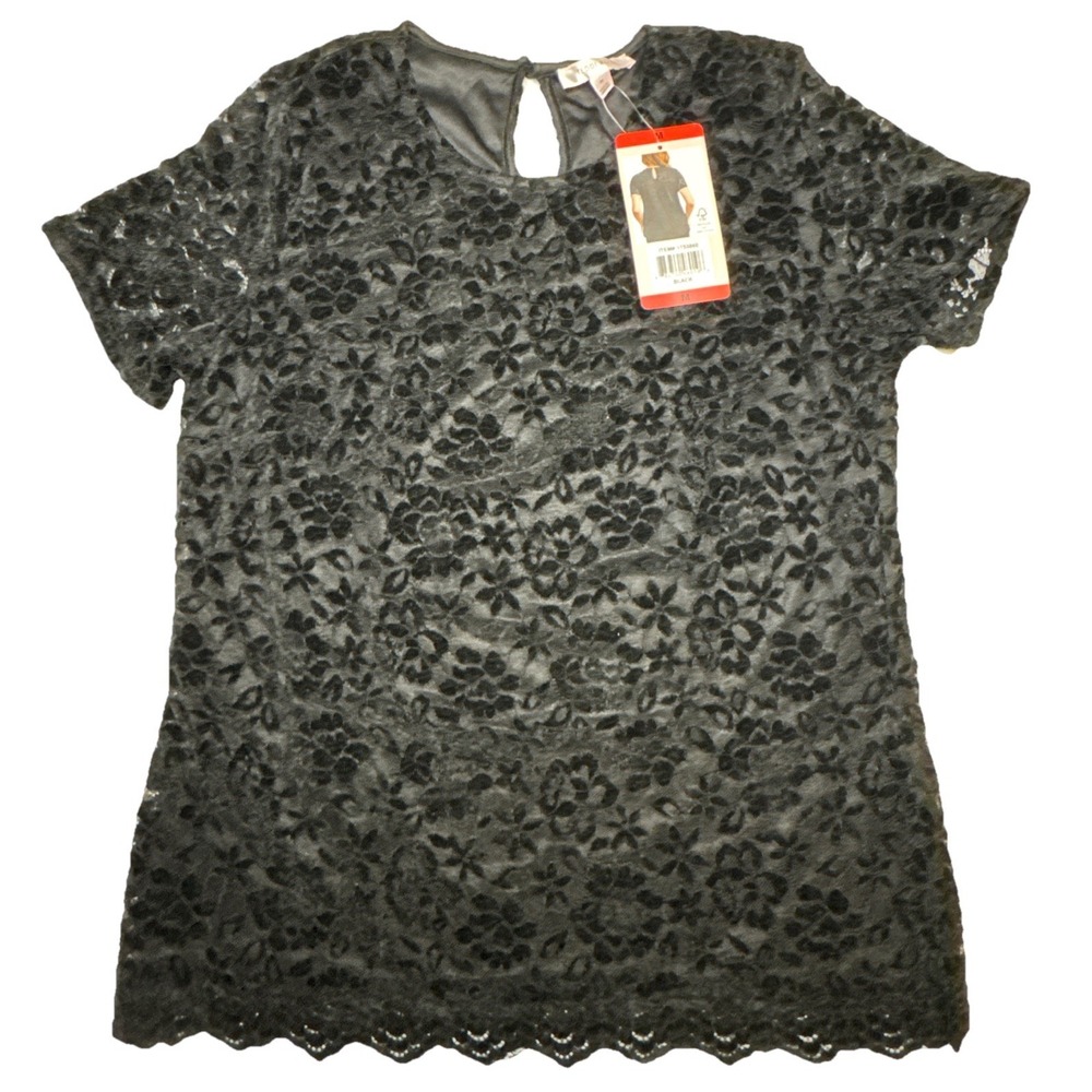 Short Sleeve Top Teddi Rose Floral Lace Scalloped Hem Keyhole Back Black M